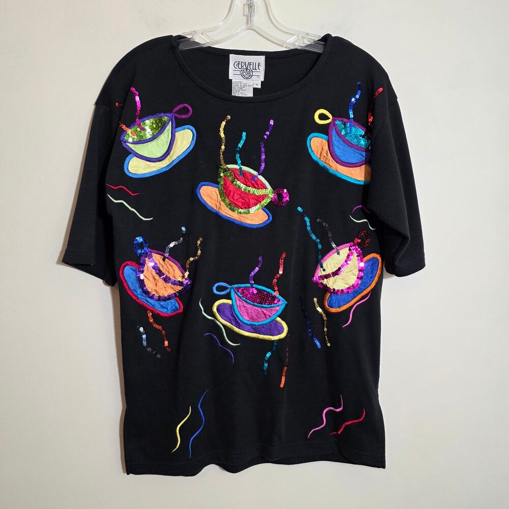 Vintage Cervelle coffee cup sequin applique short sleeve knit shirt woman's sz S